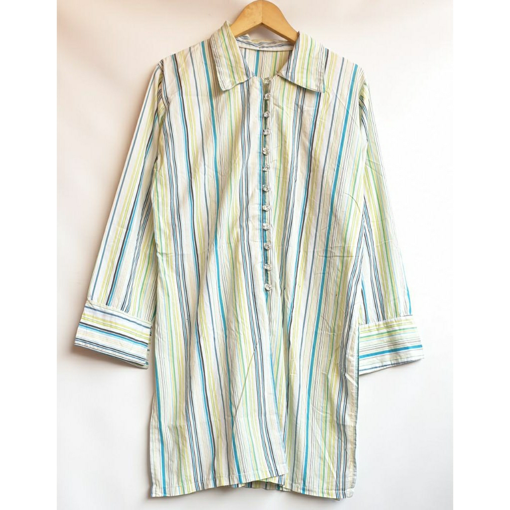 Tunik Atasan Kemeja Tunik Wanita Lengan Panjang Motif Garis Vertikal Casual Warna Pastel Hijau Biru 