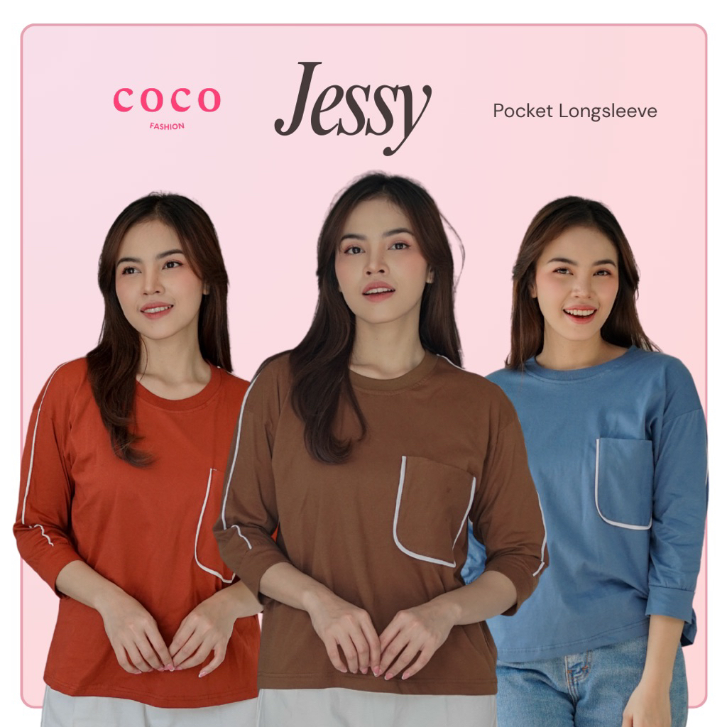 Atasan Wanita Kaos Jessy Pocket Korean Casual Shirt Basic Look Lengan 7/8 Cotton Combed Premium Size