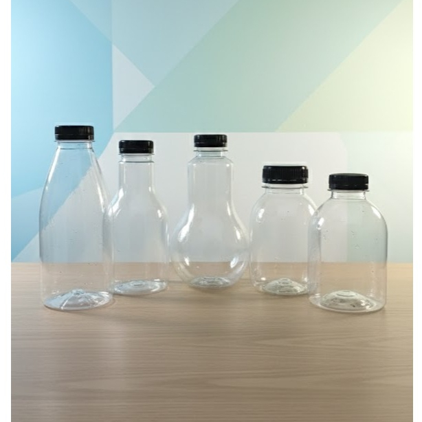 Botol pet plastik Clear Cubby 250ml, Pear 250ml, Bohlam 300ml, Cantik 350ml Cap hitam segel