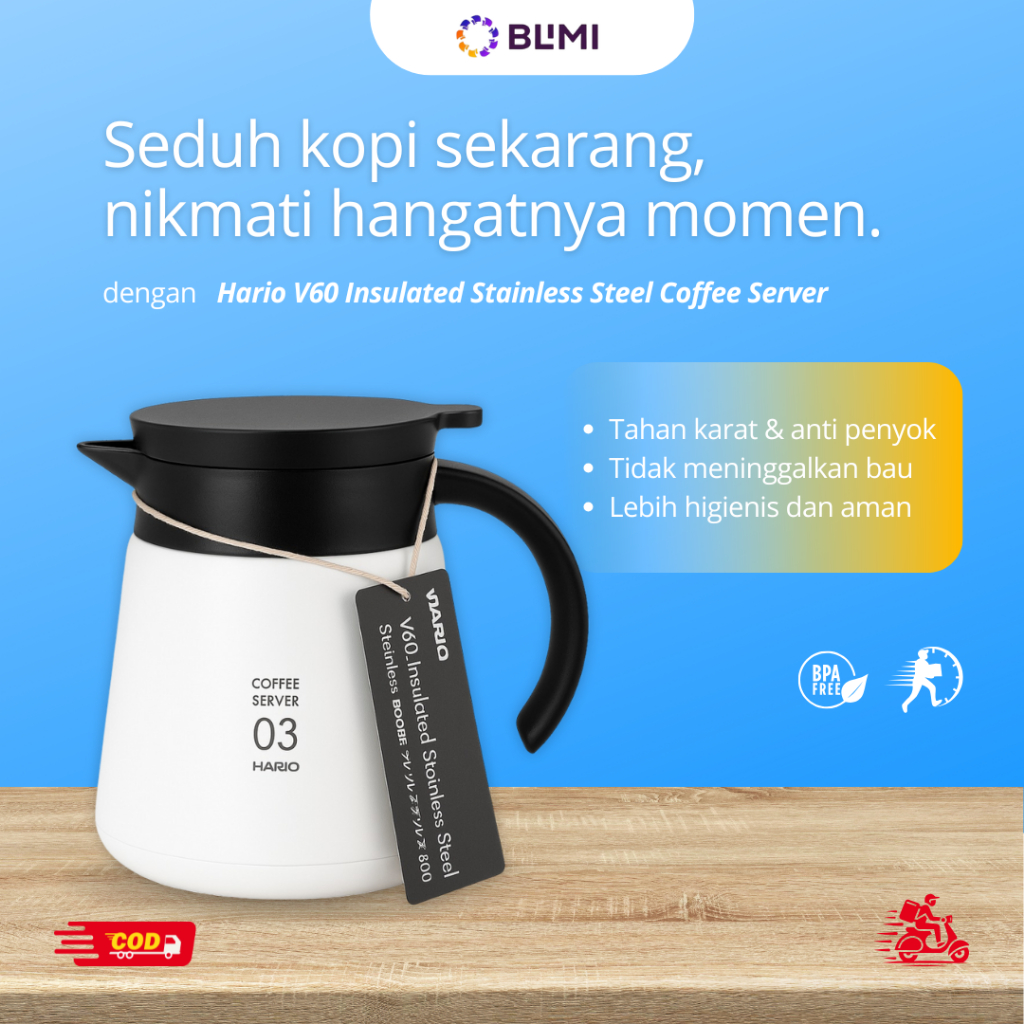 Hario V60 Insulated Stainless Steel Coffee Server 03 – 800 ml, Double Wall, BPA Free, Anti Tumpah