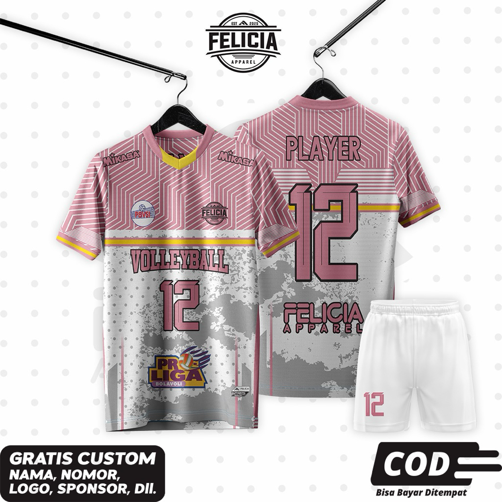 jersey voli custom full printing / jersey pink putih / Jersey voly