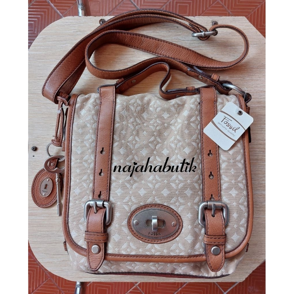 tas fossil maddox pecan crossbody nwt lengkap keyfob