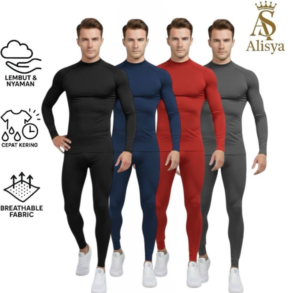 Alisya - Set Baselayer Pria Lengan Panjang / Manset Lengan Panjang Cowok / Set Baju Olahraga Pria