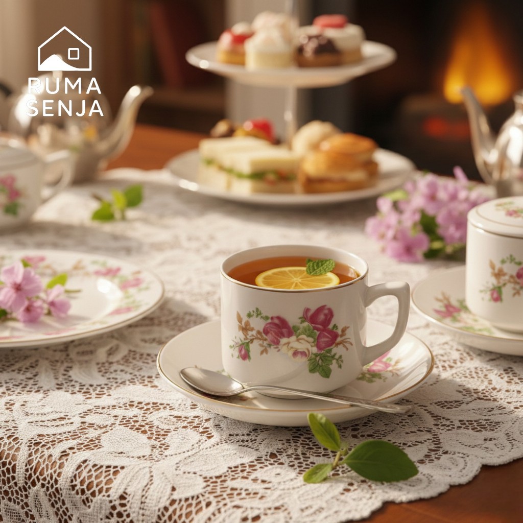 Cangkir Lepek Keramik Bunga Set 6pcs – Cangkir Tatak Jadul + Tutup