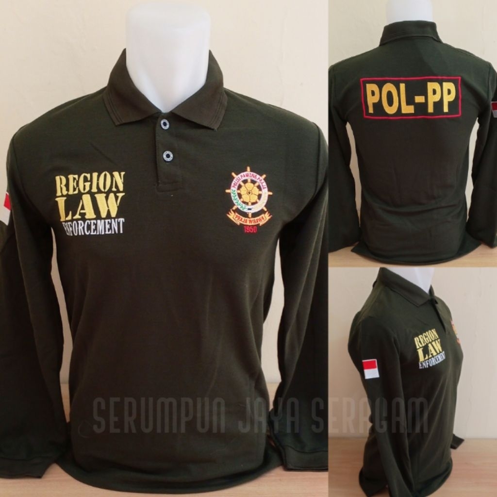 KAOS SATPOL PP HIJAU ARMY LENGAN PANJANG FULL BORDIR - KAOS KERAH SATPOL PP HIJAU ARMY PANJANG BORDI