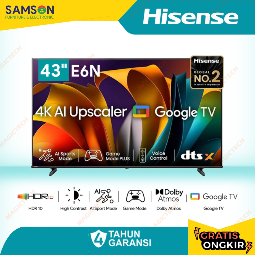 TV LED HISENSE 43 INCH / 43" 43E6N SMART GOOGLE TV 4K UHD DOLBY HDR10+ E6N