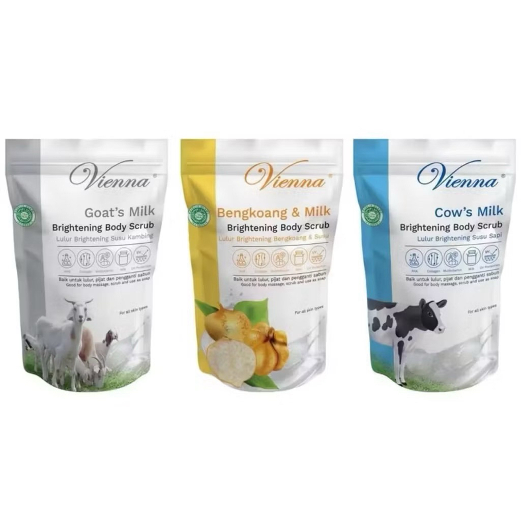 VIENNA WHITENING BODY SCRUB  GOATS MILK- COWS MILK - BENGKOANG - VIENNA SCRUB POUCH 1KG