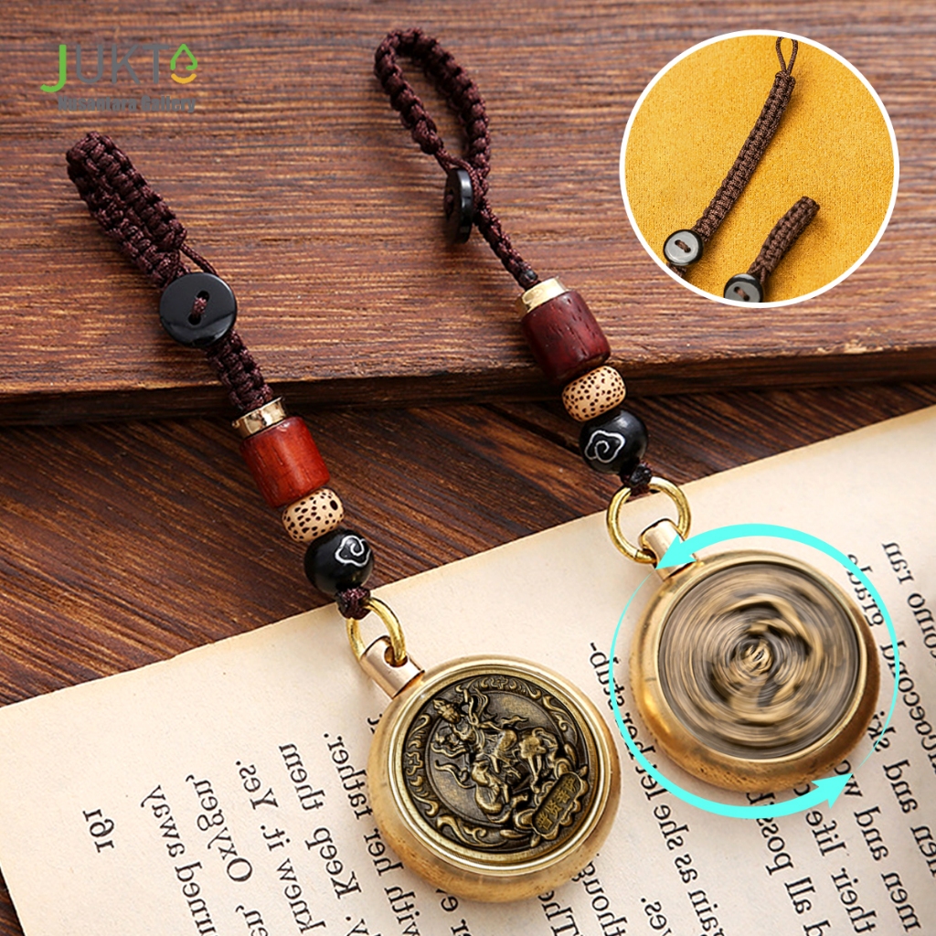 JUKTA [COD]  Gantungan Kunci Putar Kuningan Qilin | Liontin Vintage | Tali Kepang Manik Kayu | Akses