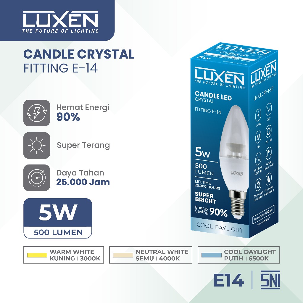 LUXEN LAMPU LED CANDLE CRYSTAL 5 Watt Fitting E14 Cahaya Putih dan Kuning