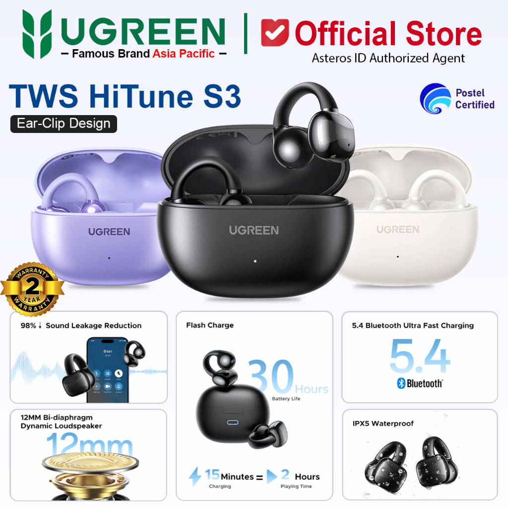 UGREEN Premium HiTune S3 Open Ear Clip True Wireless Earbuds TWS Bluetooth 5.4 Sports Earphones Head