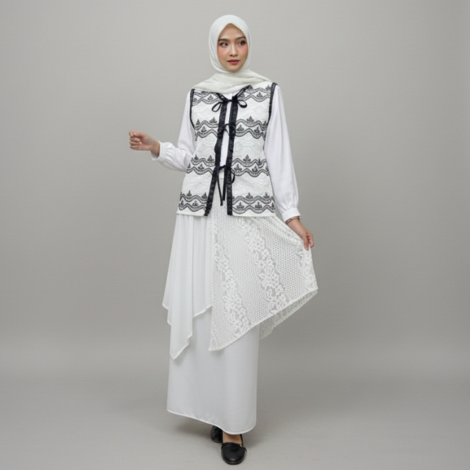 VEST ROMPI OUTER BORDIR HITAM PUTIH LEBARAN NYAMAN CANTIK STELAN LAYER SKIRT ROMPI KOREA FASHION