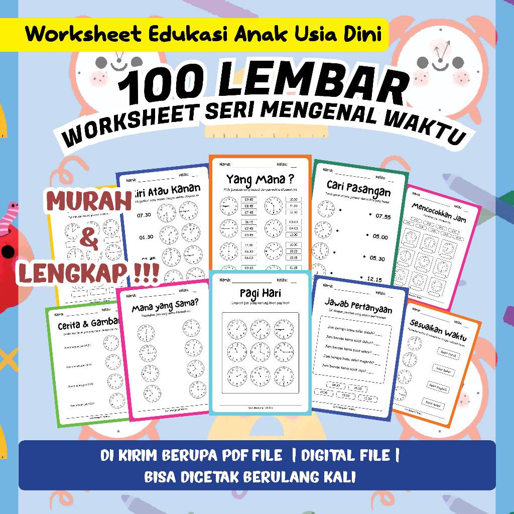 100 LEMBAR FILE PDF AKTIVITAS/ WORKSHEET ANAK TK-PAUD-SD SERI MENGENAL WAKTU (FILE PD/EBOOKS)
