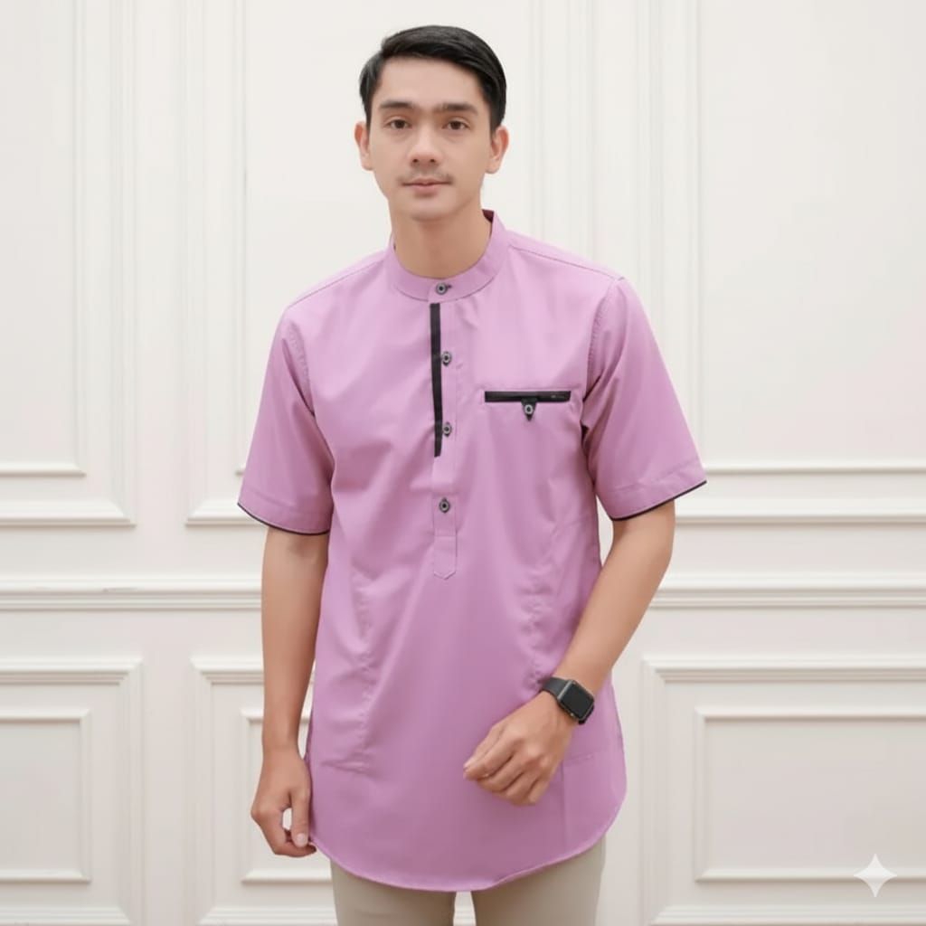 Baju Koko Kurta Lengan Pendek Warna Lilac Matterial Kain Katun Premium SIZE DEWASA M-L-XL-XXL