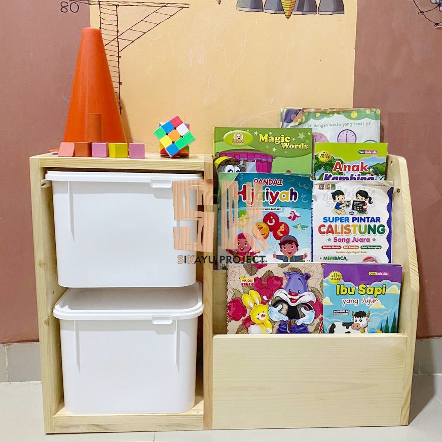 Rak Mainan Anak Minimalis 2 Box + Rak Buku Samping - Rak Buku Trofast Minimalis Kayu Jati Anak Serba