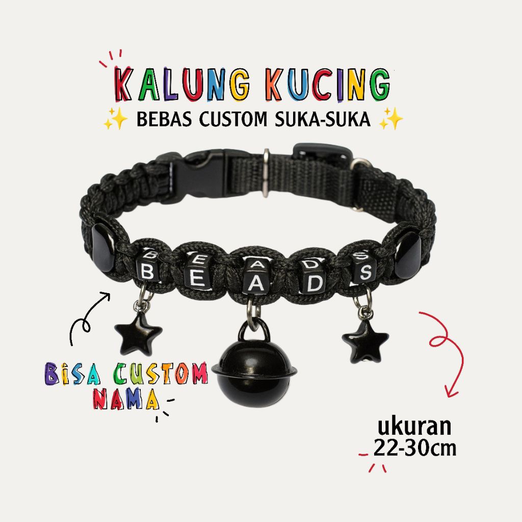 BCBeads | Custom Kalung Kucing Tali Prusik Full Hitam | Kalung Kucing Dewasa | Bisa Request Nama | K