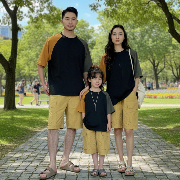 (HITAM - MUSTARD - ARMY RAGLAN) : KAOS COUPLE KELUARGA RAGLAN 3 WARNA/ KAOS COUPLE KELUARGA KOMBINAS