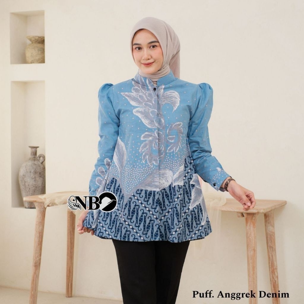 Etama - Atasan Batik Wanita Modern Baju Batik Terbaru Lengan Puffy Kancing Depan Aktif Kekinian Kerj