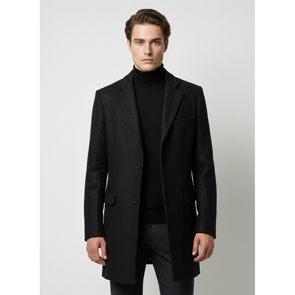MEN’S BLACK SINGLE BREASTED WOOL COAT