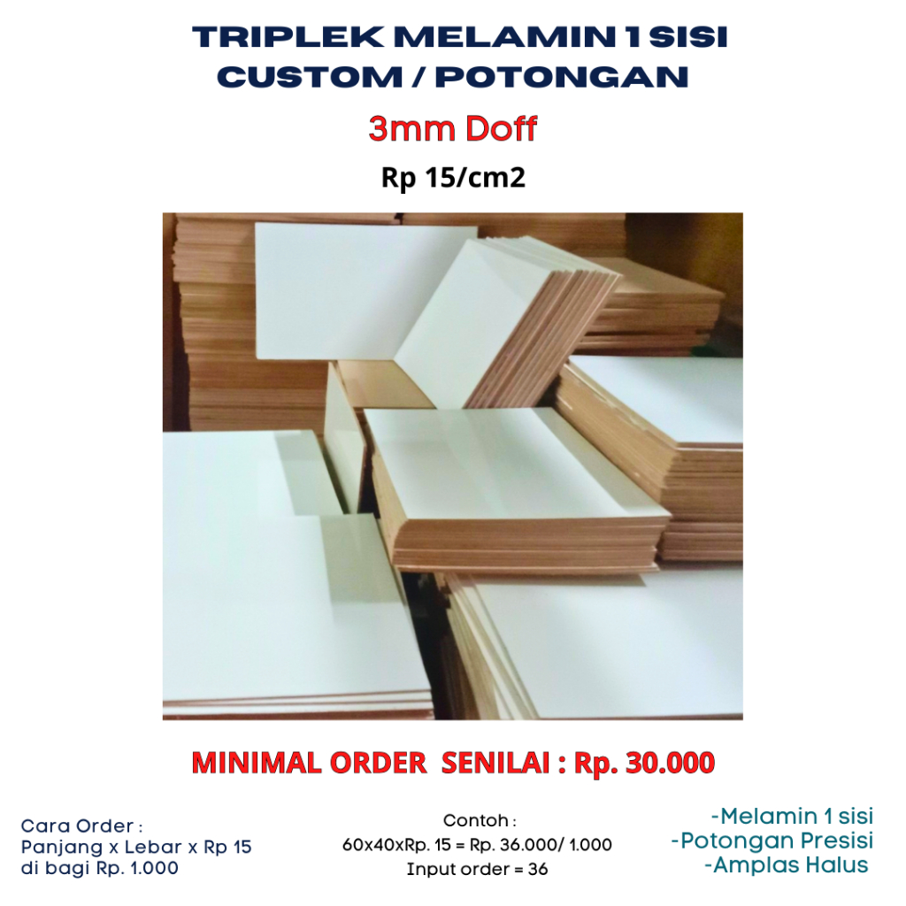 Triplek /Multiplek Melamin / putih 3mm Custom / Potongan