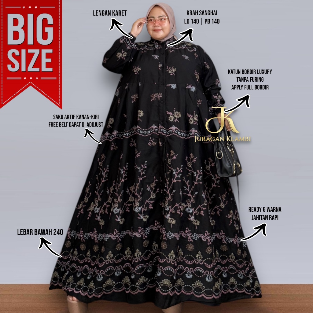 Gamis Jumbo LD 140 Katbol Bordir Premium Full Furing HQ Estimasi BB 80-140KG+  By Juragan Klambi