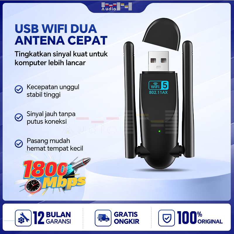 Adaptor USB WiFi Receiver Dual Band 1800Mbps 2.4G/5GHz, 2x2 Antena Independen WIFI Dongle Plug and P