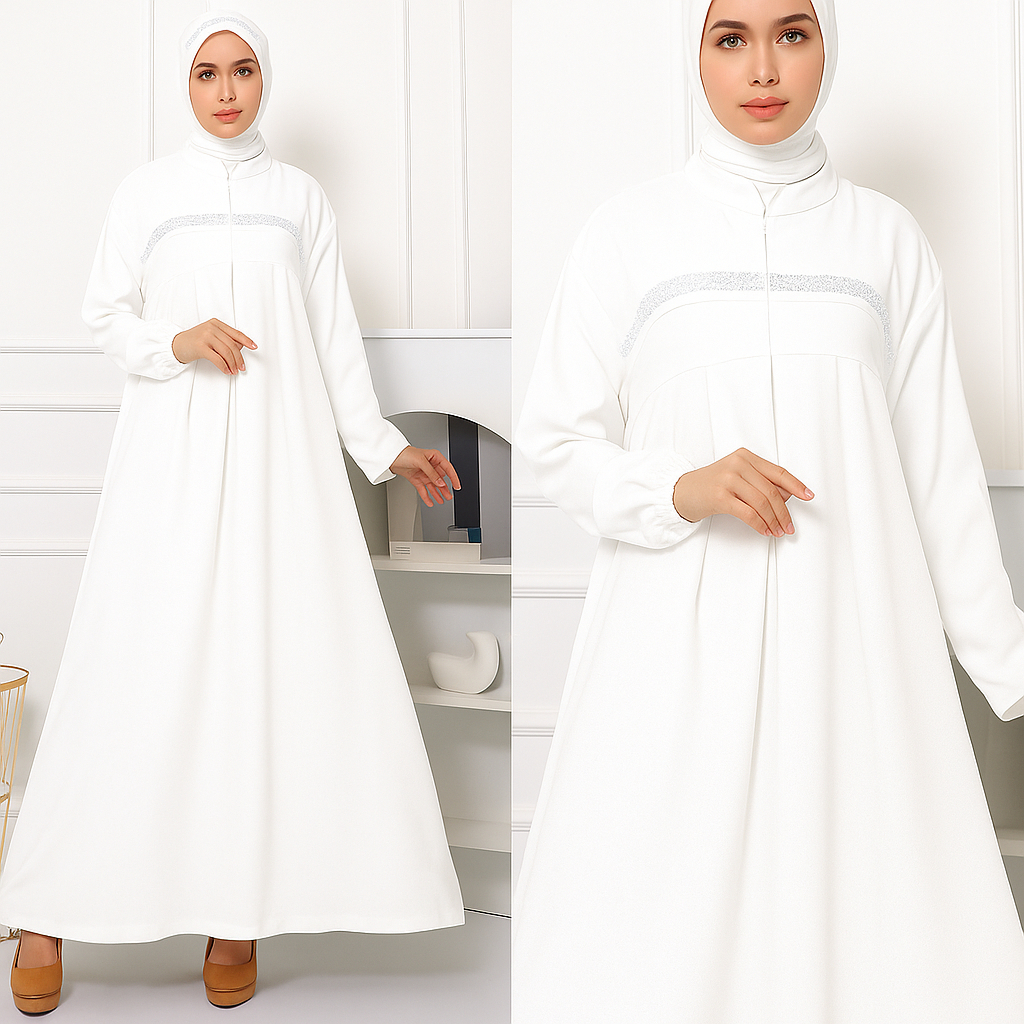 Gamis Abaya Putih Payet Mewah Adem / Gamis Lebaran 2026 Model Gamis Terbaru / Gamis Lebaran