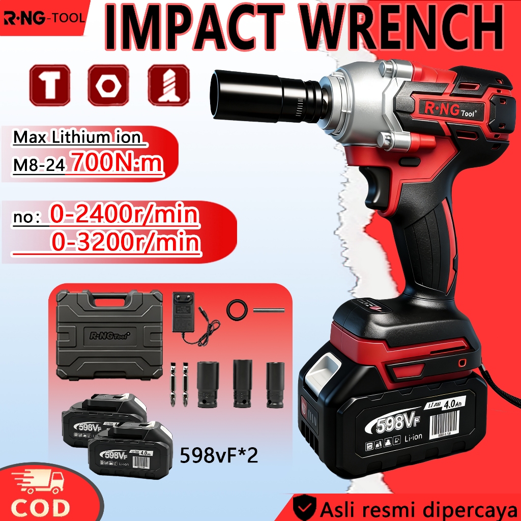 RNG  Impact Wrench Impact Baterai 598V/398Vf Impact Cordless 700NM Mesin Impact