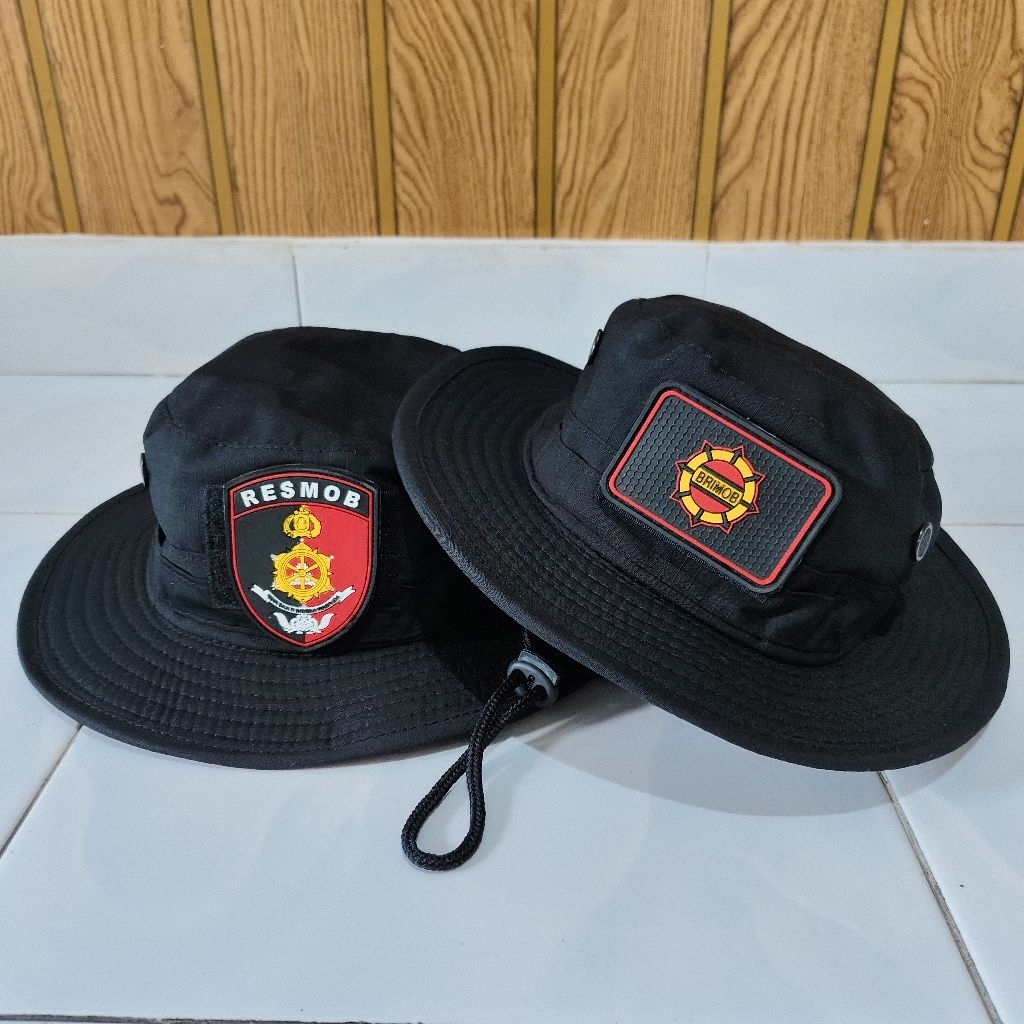 TOPI RIMBA HITAM FREE PATCH RUBBER BRIMOB LINGKAR TOPI FULL KAWAT BAHAN RIPSTOP