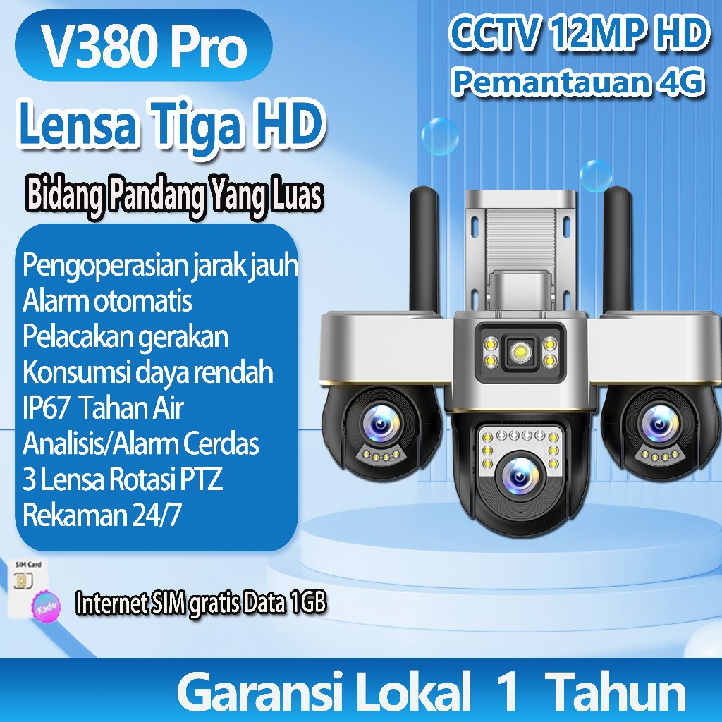 V380 pro CCTV 4G SIM PTZ control Camera HD 3 lens IP wireless WIFI outdoor waterproof solar