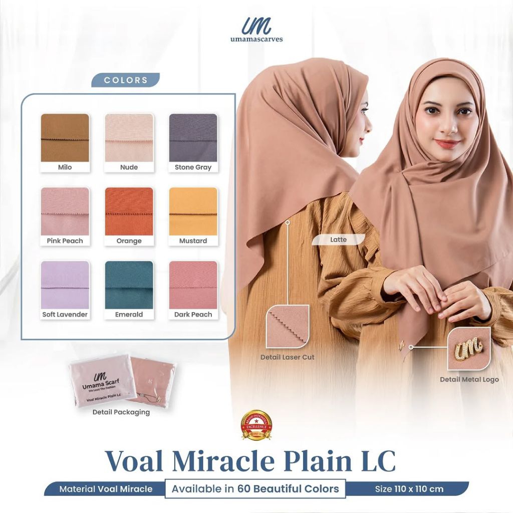 COD HIJAB UMAMA SEGIEMPAT Voal miracle plain LC ORI dengan pouch dan metal logo plat besi