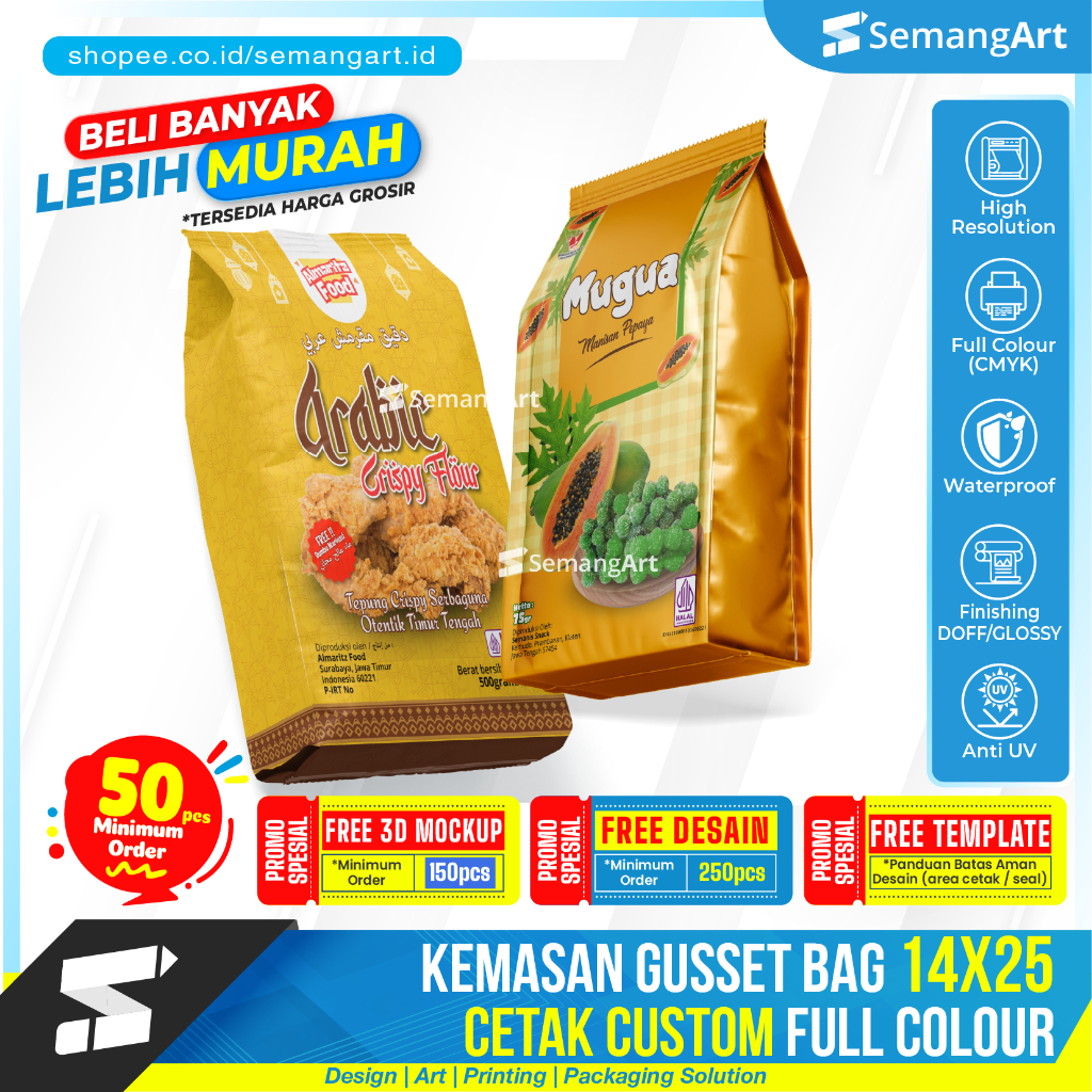 Cetak Kemasan Gusset Bag 14x25 Flat Bottom Standing Pouch Bungkus Kopi Tepung Kacang Desain Custom