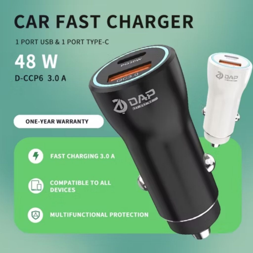 DAP D-CCP6 Car Charger 48 Watt (PD 30 Watt QC 3.0A Dual Port USB & Type C) Fast charger