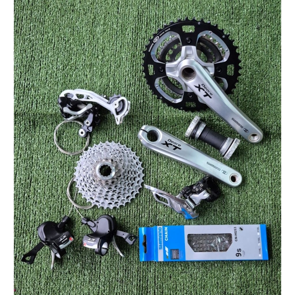 Groupset Mini Shimano Deore XT M770 3x9 Speed Crank Shifter Rantai FD RD Sprocket Japan Original Sec