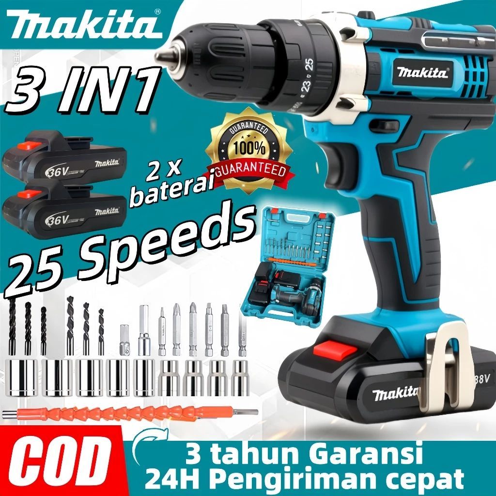 MAKITA 88vf Mesin bor 2baterai cas 10mm bor listrik murah bor tangan baterai besi tembok Beton kayu 