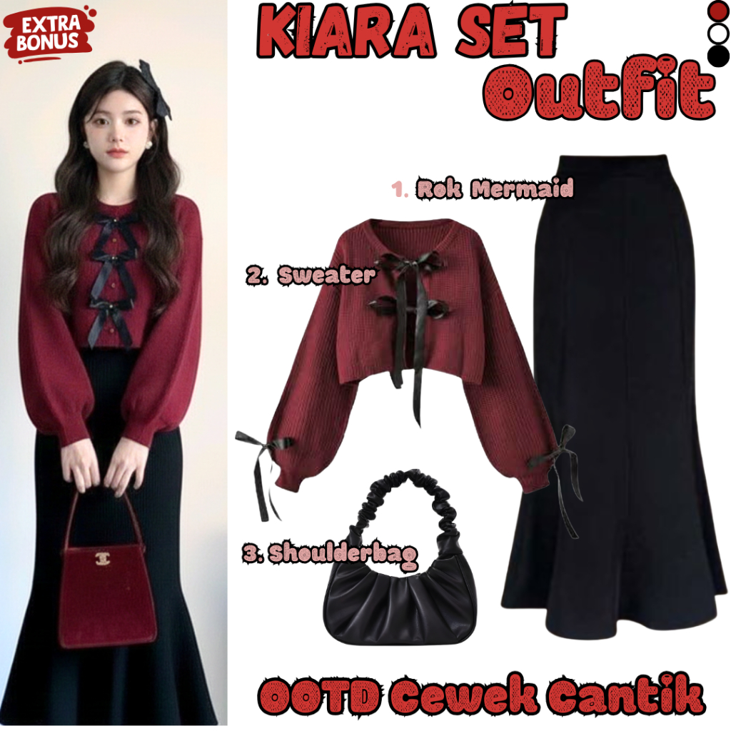 Kiara Set Outfit Cewek Natal ( Rok Mermaid + Sweater + Tas ) Setelan Elegan Oneset Gereja Wanita N11