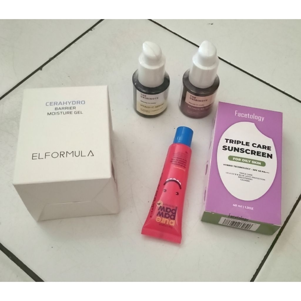 [preloved] facial wash & sunscreen facetology acne, elformula mouis, serum the originote