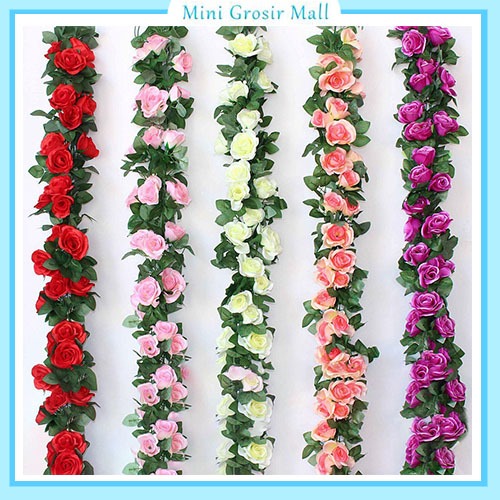 Bunga Rambat 2 meter Palsu Bunga Juntai Plastik Daun Imitasi Mawar Rose Artificial Dekorasi Dinding