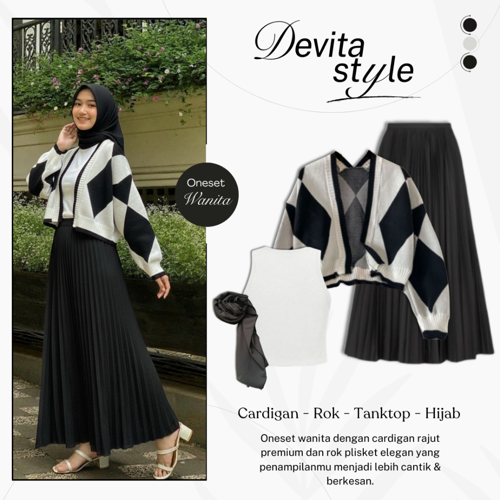 Setelan Modis 4in1 (Cardigan Rajut Premium + Rok Plisket + Tanktop + Hijab) OOTD Hijabers - 22