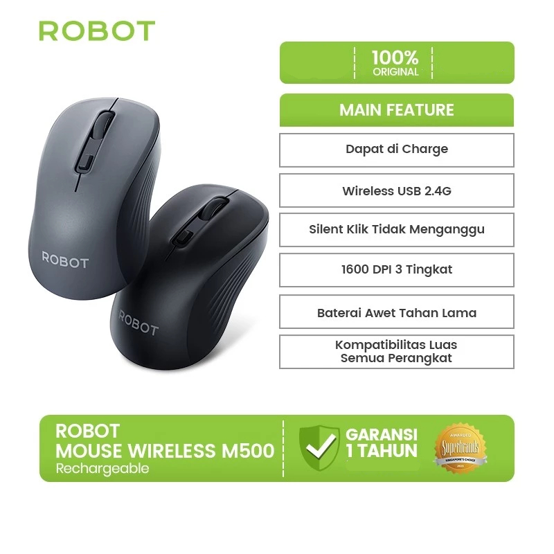 ROBOT M500 Mouse Wireless Silent Klik Rechargeable Koneksi USB 2.4GHz
