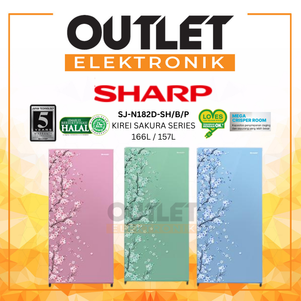 Sharp Kulkas 1 Pintu 166L / 157L SJ-N182D-SH/SB/SP Sakura Pink / Hijau / Biru Direct Cooling System 