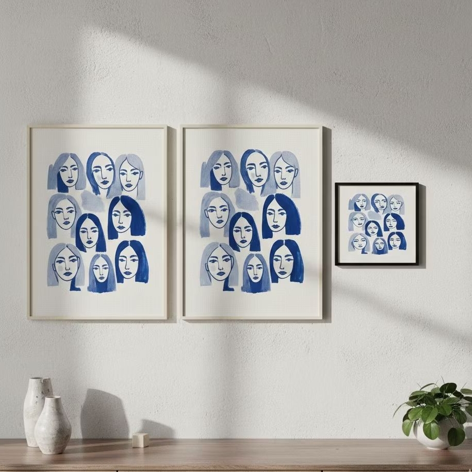 MONCH DESIGN | INDIGO SISTERS – BLUE WATERCOLOR WOMAN FACES PRINTED ART WALL IN MDF (No Frame) | Pri