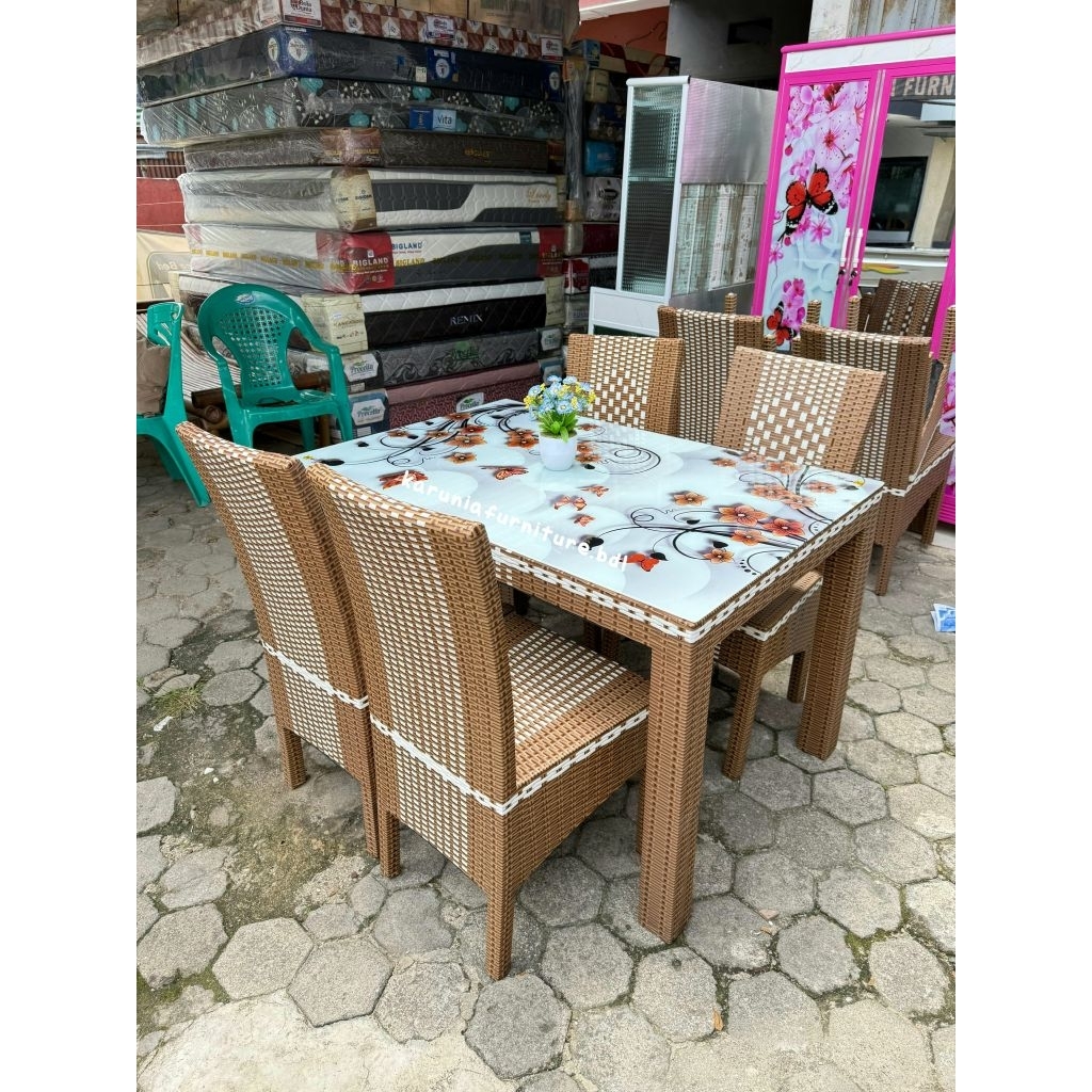 MEJA MAKAN ROTAN SINTETIS 4 KURSI KACA MOTIF | FREE ONGKIR BANDAR LAMPUNG