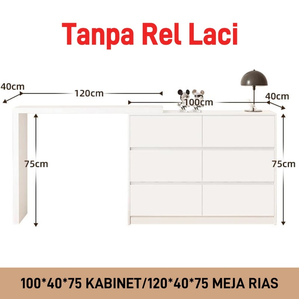 JUTUO Meja Rias Minimalis Modern 60-120cm - Laci dengan Rel Sunyi (Tanpa Bunyi) - Putih - Siap Kirim