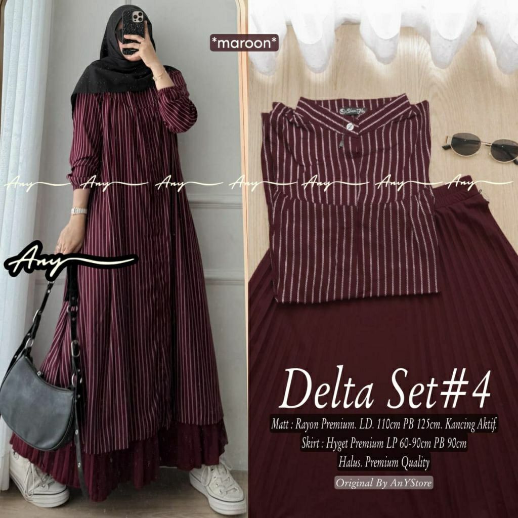Delta setelan long tunik rayon remaja muslimah motif garis stripe