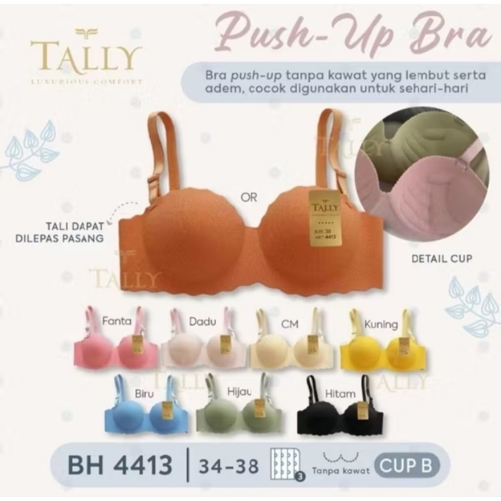 Tally 4413 Push Up Bra Seamless Cup B Kait 3 Tali Lepas Pasang Tanpa Kawat