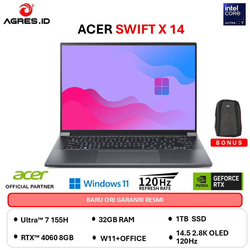 ACER SWIFT X 14 OLED SFX14 ULTRA 7 155H RTX4060 8GB - RAM 32GB 1TB W11+OHS 14.5 2.8K 120HZ -72G.70K8