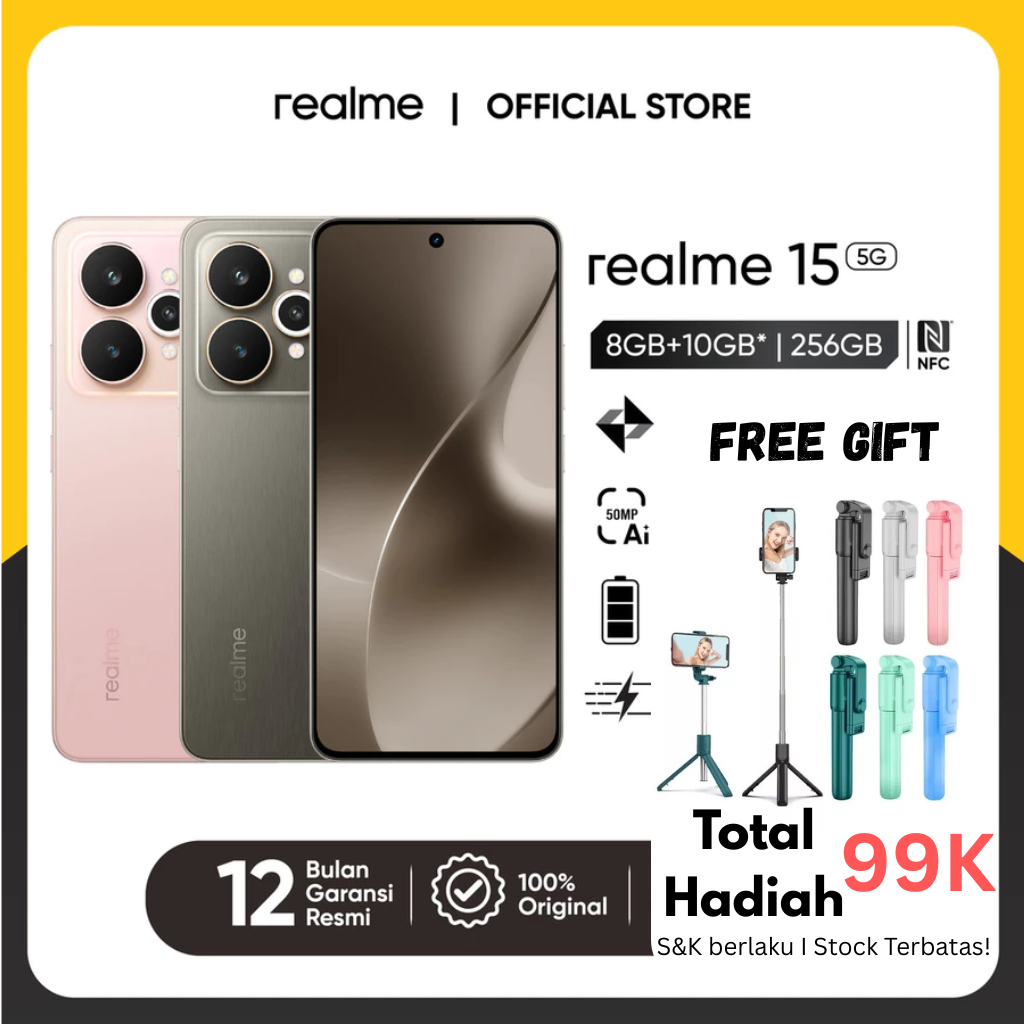 [Free Gift Tripod] realme 15 5G (8GB+10GB*) (12+14GB*) | 256GB (Dimensity 7300+ 5G Chipset | 50MP So