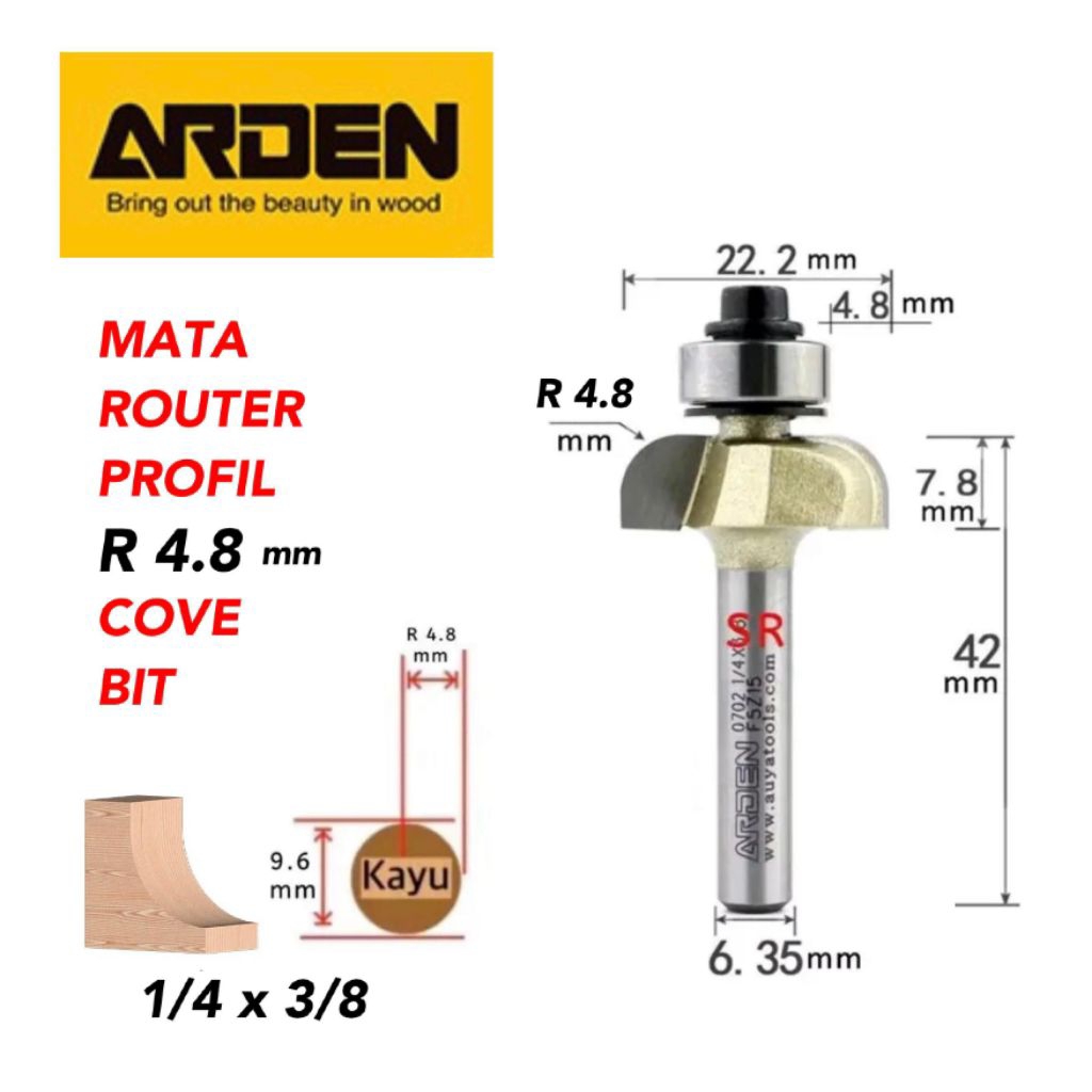 Mata Profil/ Router 4.8mm Cove Bits (1/4 × 3/8 × R 4.8mm) ARDEN
