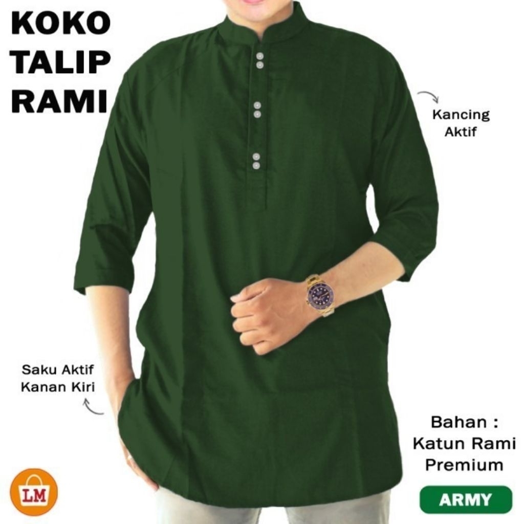 ALIP - KEMEJA BAJU KOKO M L XL XXL 3XL JUMBO LENGAN 3/4 KATUN PREMIUM LEBARAN POLOS WARNA HIJAU IJO 