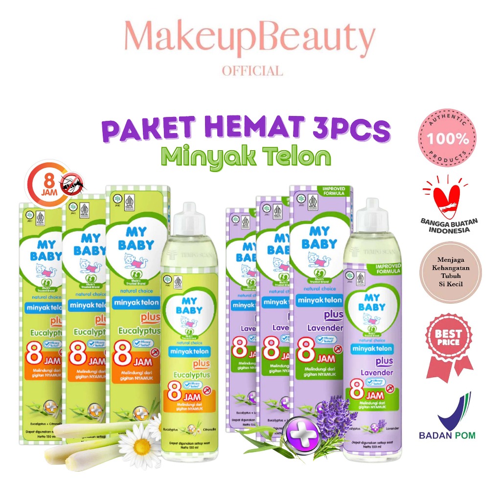 [PAKET 3PCS] MY BABY Minyak Telon Plus Eucalyptus & Lavender 30ml | 60ml | 90ml | 150ml - Minyak Bay
